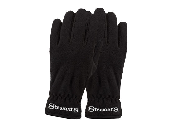 Black gloves with 'Stewart's' branding on a white background
