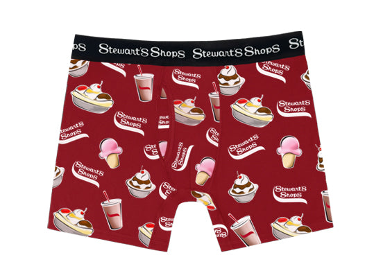 Red boxer briefs with ice cream and soda graphics and 'Stewart's Shops' branding on a white background.