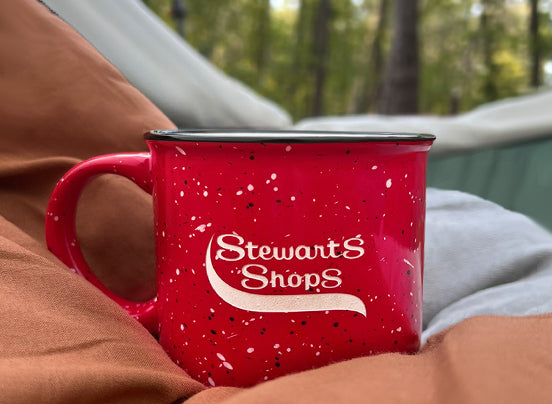 speckled campfire mug. Stewarts Shops logo engraved. 
