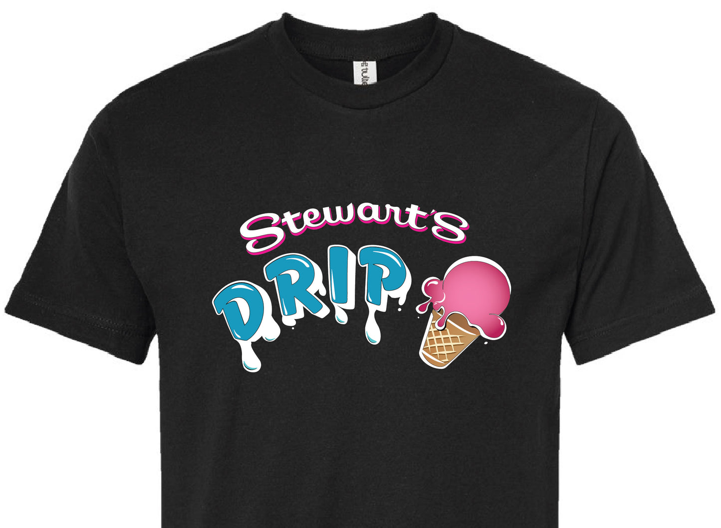 Black T-shirt that reads Stewart's Drip with an ice cream cone. A close shot of the graphic.