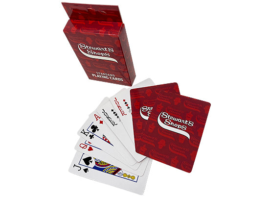 Cards fanned out showing jack, queen, king, ace, and two jokers. Red cards with the Stewart's shops logo.
