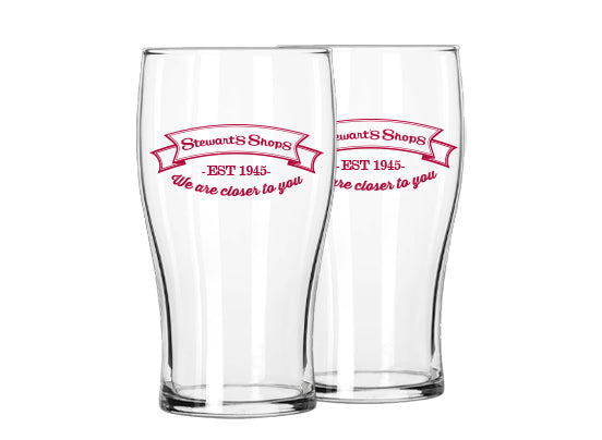 Two clear glasses with red text and logo on a white background