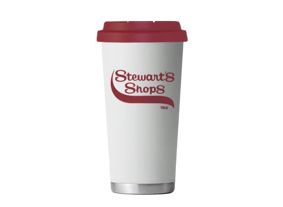 White tumbler with red lid and 'Stewart's Shops' logo on a white background