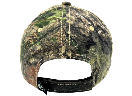Back of the Hat with Realtree Camouflage and an orange Stewarts Shops logo Velcro fitting. 
