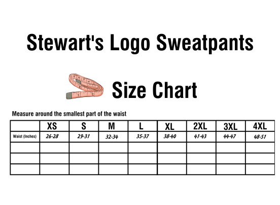 The size chart for the sweatpants. The sizes range from xs - 4xl. Please call the corporate office for assistance with sizing.