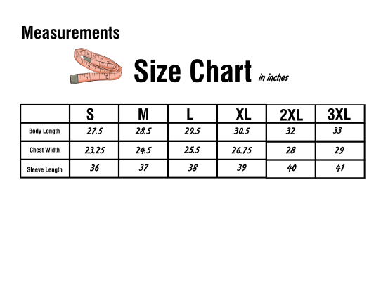 Apparel size chart in inches. Sizes listed left to right: Small, Medium, Large, Extra Large, Double Extra Large, and Triple Extra Large.
Body Length: Small 27.5, Medium 28.5, Large 29.5, Extra Large 30.5, Double Extra Large 32, Triple Extra Large 33.
Chest Width: Small 23.25, Medium 24.5, Large 25.5, Extra Large 26.75, Double Extra Large 28, Triple Extra Large 29.
Sleeve Length: Small 36, Medium 37, Large 38, Extra Large 39, Double Extra Large 40, Triple Extra Large 41.