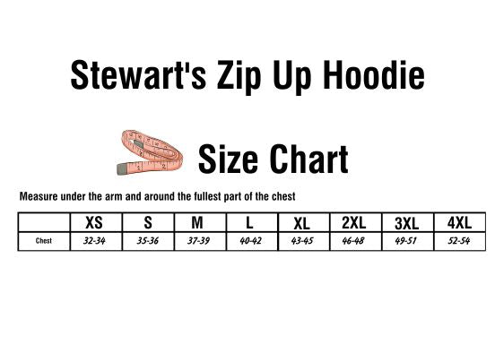 Size chart for Stewart's Zip Up Hoodie. Includes chest measurements for each size: XS (32–34"), S (35–36"), M (37–39"), L (40–42"), XL (43–45"), 2XL (46–48"), 3XL (49–51"), and 4XL (52–54"). A measuring tape icon is shown above the chart, with instructions to measure under the arm and around the fullest part of the chest.