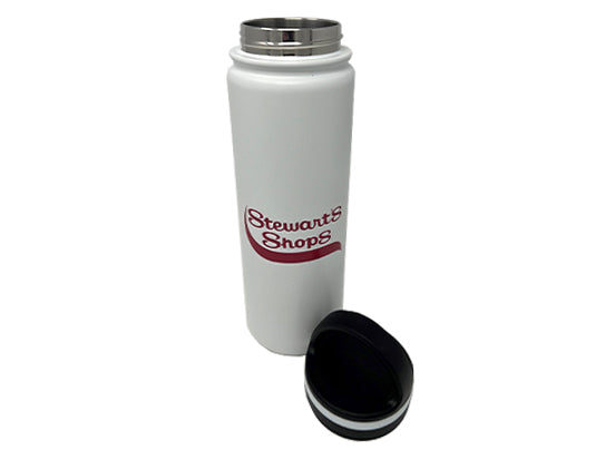 White water bottle with a black lid sitting next to it. Burgundy Stewarts shops logo.