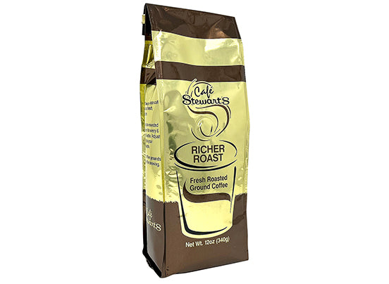 A 12 oz bag of Stewarts Richer Roast Coffee