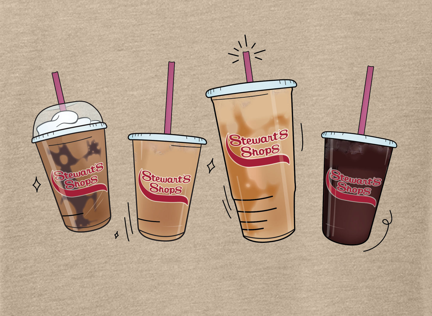 close up shot of the iced coffees on the tshirt