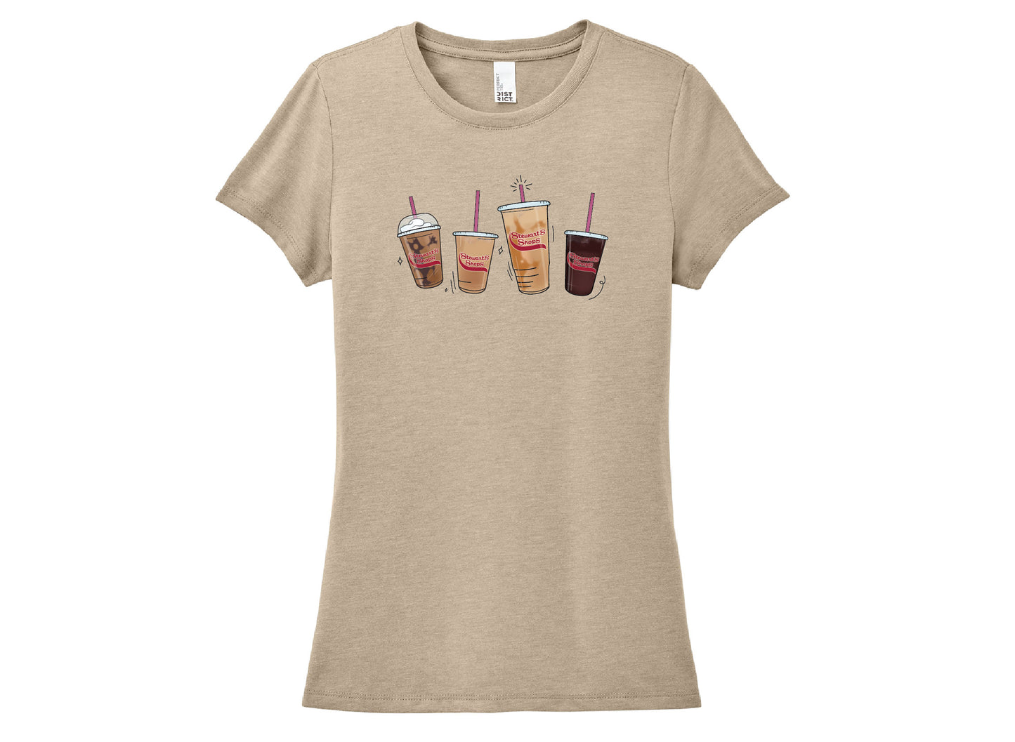 Tan tshirt with 4 stewarts iced coffees featured on the front