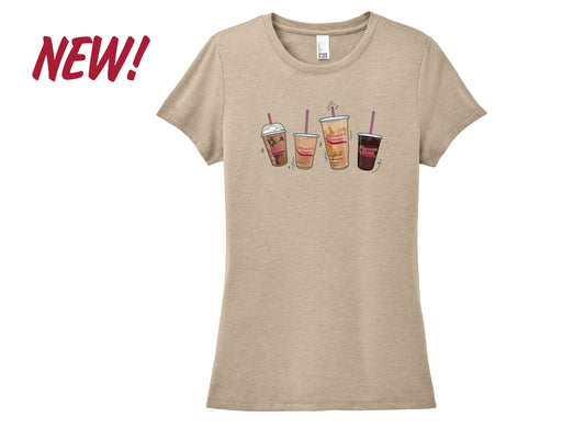 Tan tshirt with four iced coffees featured
