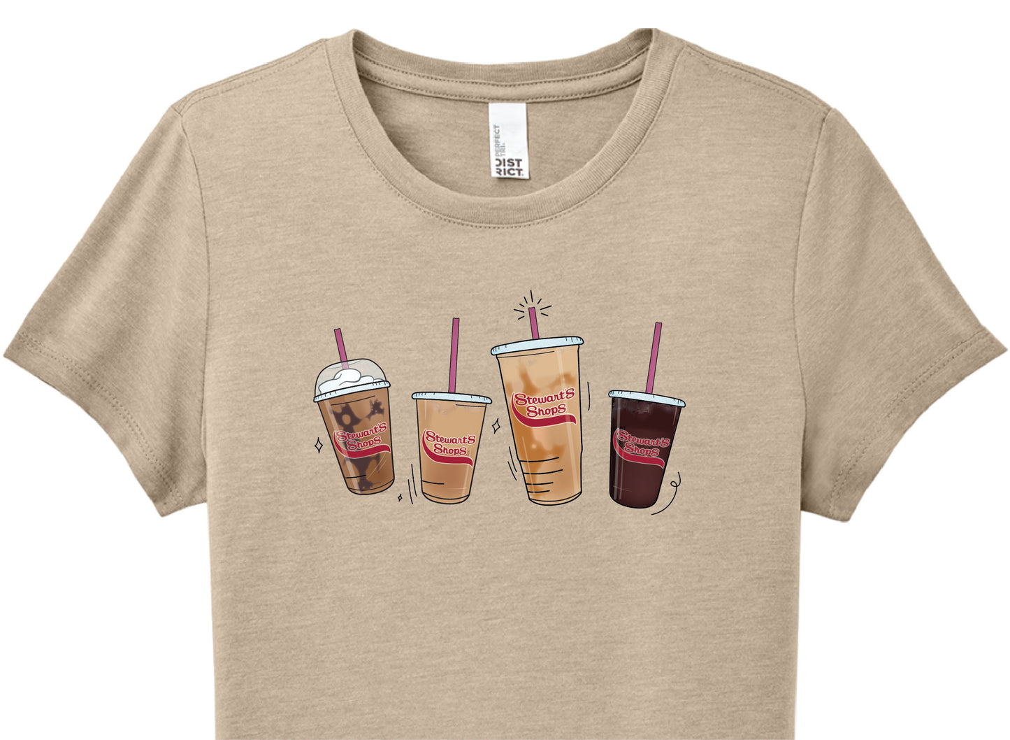 Tan tshirt with 4 stewarts iced coffees featured on the front close shot to show details