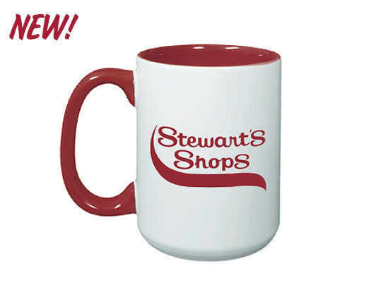 Stewart's Shops logo on a white ceramic mug with a maroon handle and inside. The word New is on the photo. 