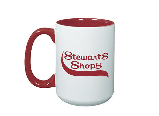 Stewart's Shops logo on a white ceramic mug with a maroon handle and inside.  