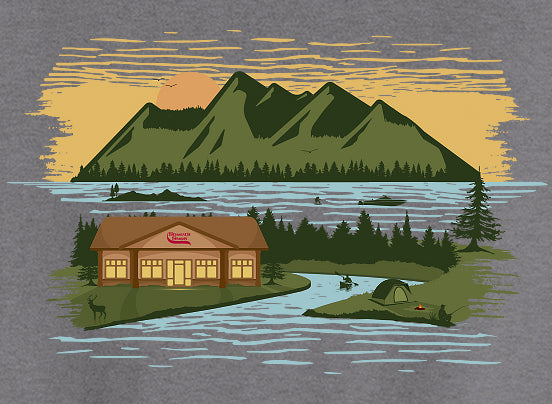Illustration of a cabin by a lake with mountains in the background on a gray background.