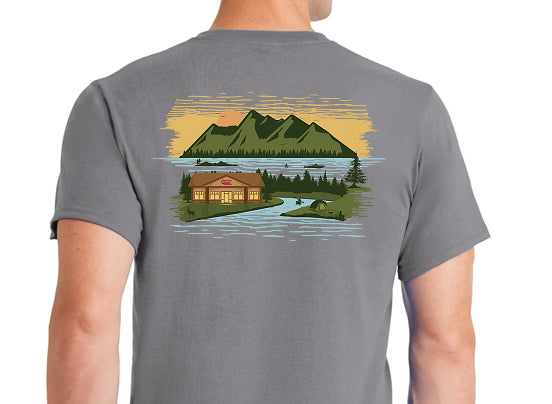 Gray t-shirt with a scenic design of a cabin and mountains on the back