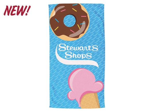 Towel with donut and ice cream cone design, featuring 'Stewart's Shops' branding.