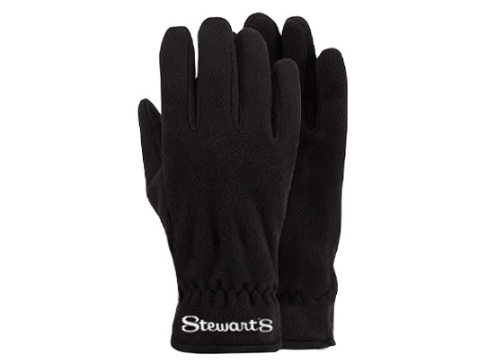 Black gloves with 'Stewart's' logo on a white background