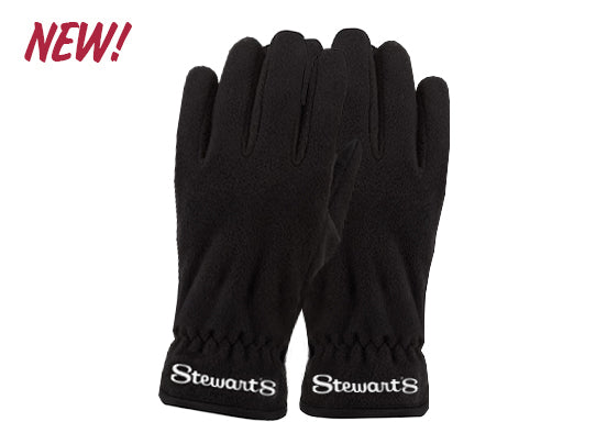 Black gloves with 'Stewart's' branding on a white background