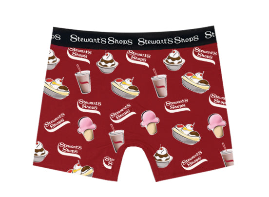 Red underwear with Stewart's Shops logo and ice cream graphics on a white background