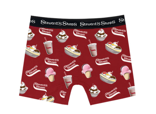 Red underwear with Stewart's Shops logo and ice cream graphics on a white background