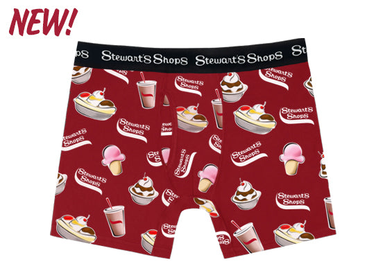 Red boxer briefs with ice cream and dessert pattern on a white background