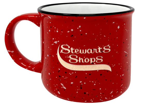 speckled campfire mug. Stewarts Shops Logo engraved.  