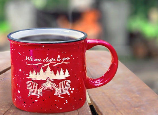 speckled campfire mug. We are closer to you with an Adirondack scene. 