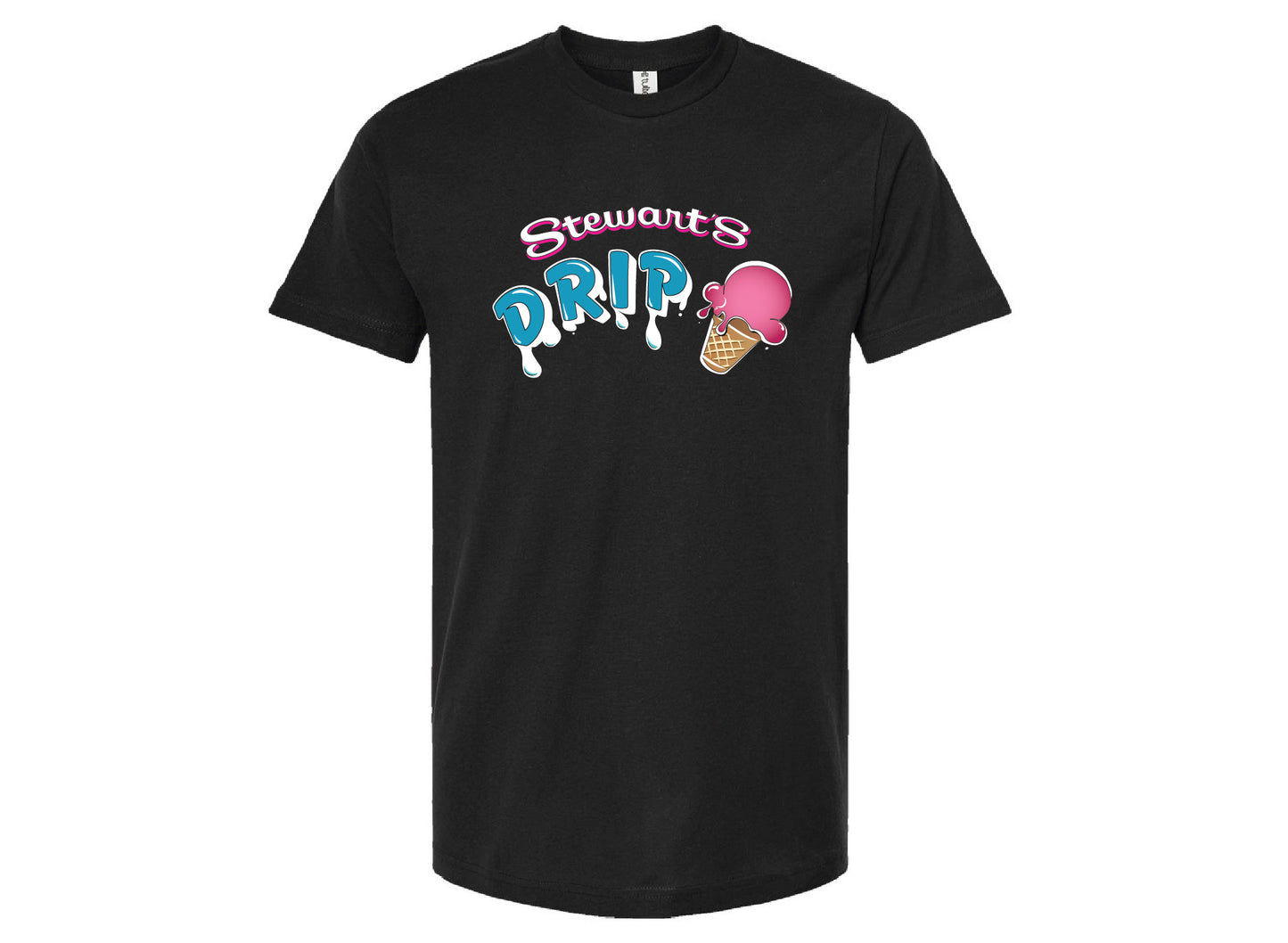 Black T-shirt that reads Stewart's Drip with an ice cream cone.