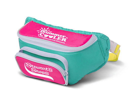 Teal and pink Stewart's Shops fanny pack with 'Summer is Cooler with Stewart's Shops' printed on the top and logo on the front pocket.