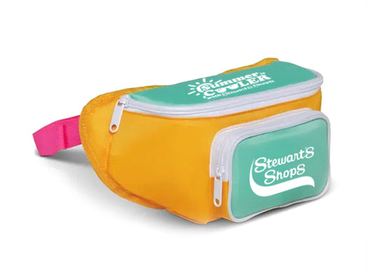 Orange waist bag with teal accents and 'Stewart's Shops' branding on a white background