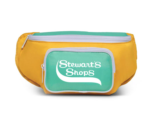 Yellow waist bag with teal front panel displaying 'Stewart's Shops' logo on a white background