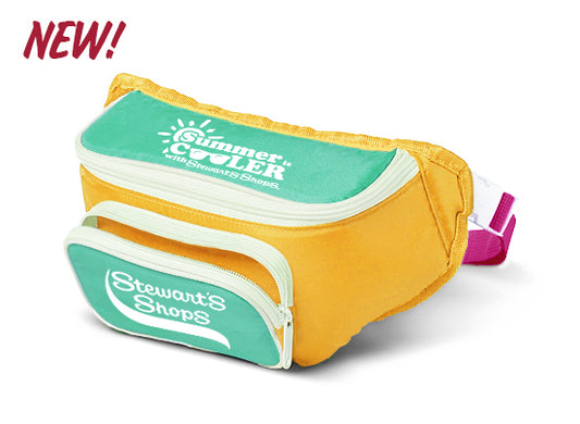 Yellow cooler bag with green top section featuring 'Summer Cooler' and 'Stewart's Shops' branding on a white background.