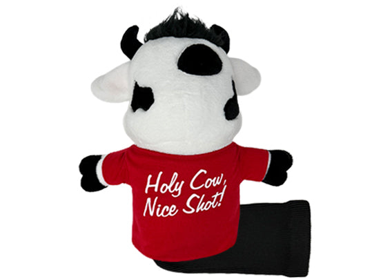 Plush cow toy with a red shirt saying 'Holy Cow, Nice Shot!' on a white background