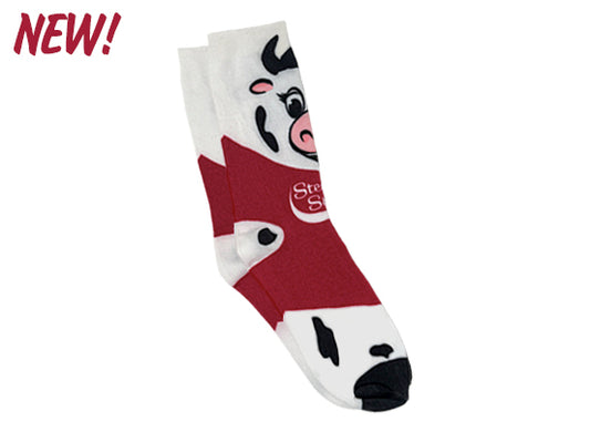 Sock with cartoon cow design on a white background