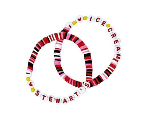 Two colorful bracelets with 'Ice Cream' and 'Stewart's' text on a white background