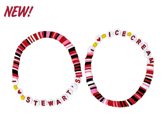 Two colorful bracelets with text on a white background, one labeled 'NEW!' and the other 'ICE CREAM'.