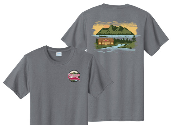 Gray t-shirt with a scenic design on the back and logo on the front, displayed on a white background.