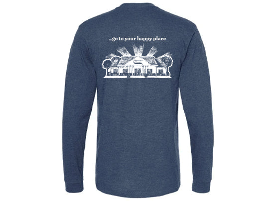 Back of a navy blue long-sleeve shirt featuring a white illustration of a Stewart’s Shop with sun rays and the text “…go to your happy place” above it.