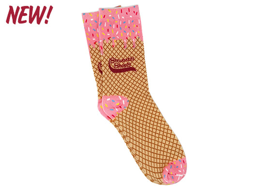 Sock with waffle cone and pink donut design on a white background