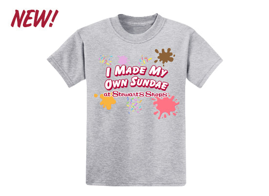 Gray t-shirt with colorful text and graphics on a white background