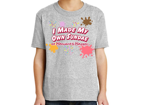Gray t-shirt with colorful text and graphics on a white background