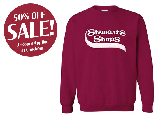 Maroon sweatshirt with 'Stewart's Shops' logo and 50% off sale text on a white background