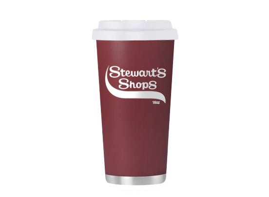 Maroon coffee cup with 'Stewart's Shops' logo on a white background