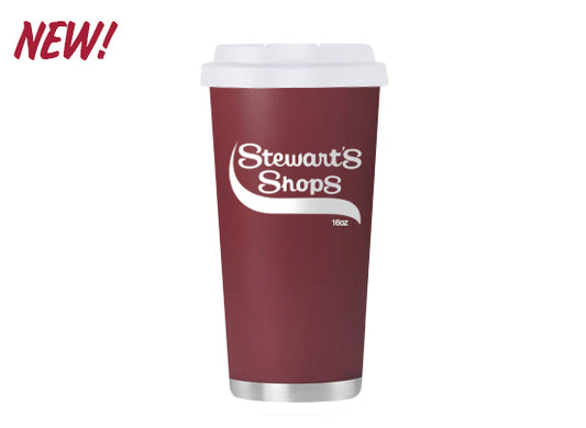 Maroon coffee cup with 'Stewart's Shops' logo on a white background