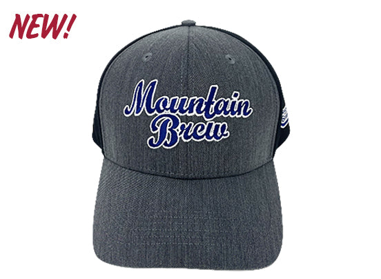 Dark gray baseball cap with "Mountain Brew" embroidered in large white and blue script on the front. The cap has black side and back panels. The word "NEW!" appears in red text in the top left corner of the image.