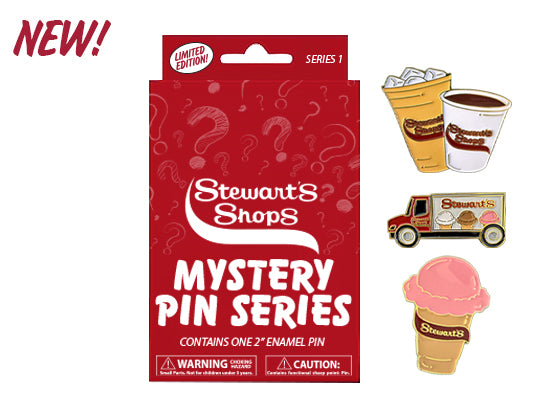 Stewart's Shops Mystery Pin Series 1 limited-edition package with mystery enamel pin designs, including coffee, an ice cream cone, and a Stewart's delivery truck.
