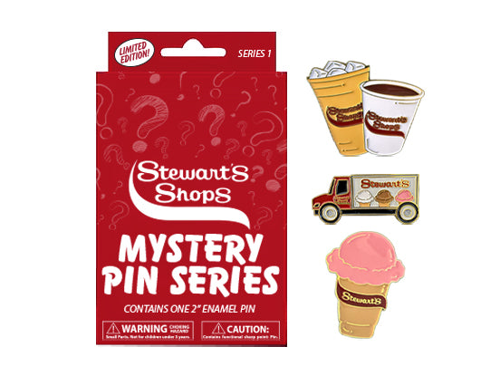 Mystery Pin Series. Contains one 2" enamel pin. Images of coffee, truck, and ice cream pins. 