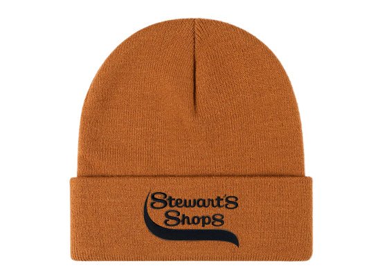 Brown beanie with 'Stewart's Shops' logo on a white background